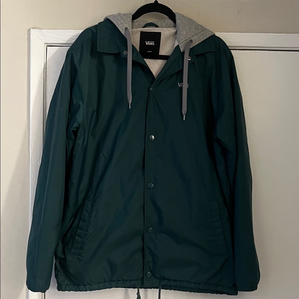 Vans Men's Dark Green Windbreaker with Gray Hood